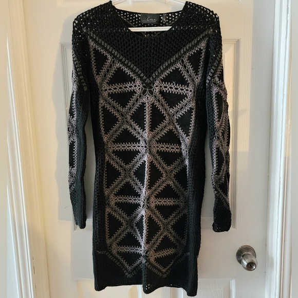 Line & Dot Crochet Wool and Faux Suede Dress, size Small, Eyelet Sweater - Picture 3 of 6